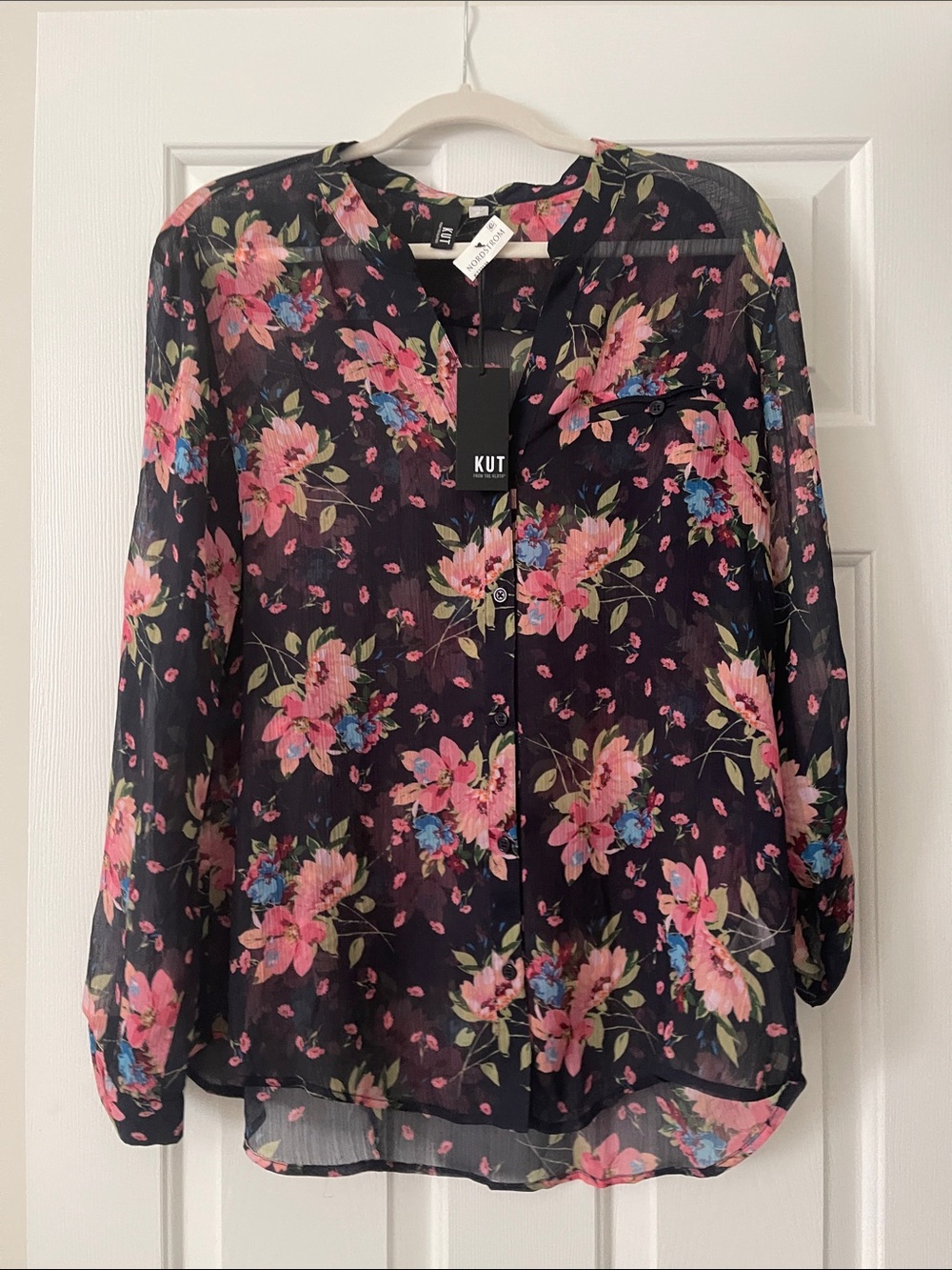 Kut from the Kloth Navy  Floral Button-Up Blouse with Pink & Blue Flowers